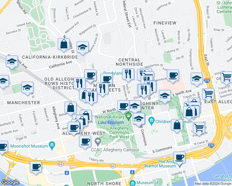 map of restaurants, bars, coffee shops, grocery stores, and more near 1237 Palo Alto Street in Pittsburgh