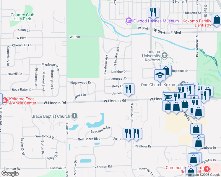 map of restaurants, bars, coffee shops, grocery stores, and more near 609 Holly Lane in Kokomo