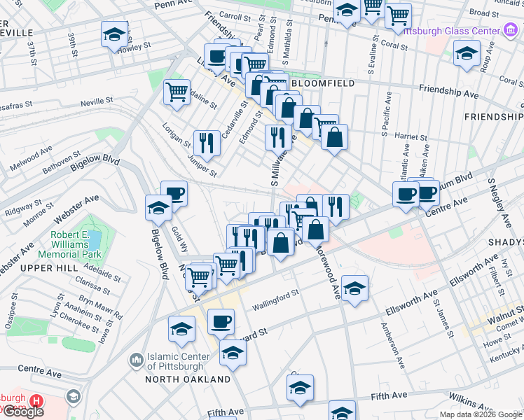 map of restaurants, bars, coffee shops, grocery stores, and more near 159 Morewood Avenue in Pittsburgh