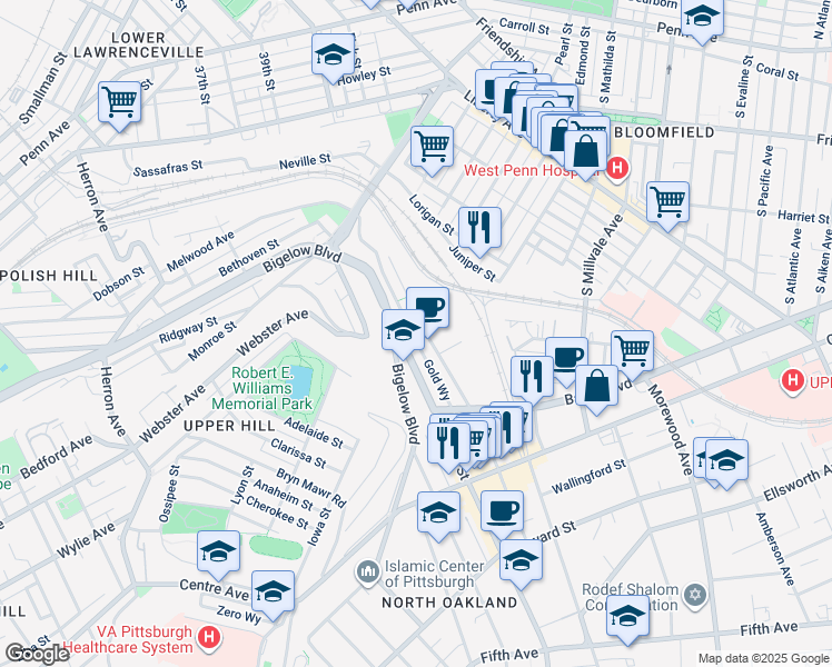 map of restaurants, bars, coffee shops, grocery stores, and more near 3771 Bigelow Boulevard in Pittsburgh