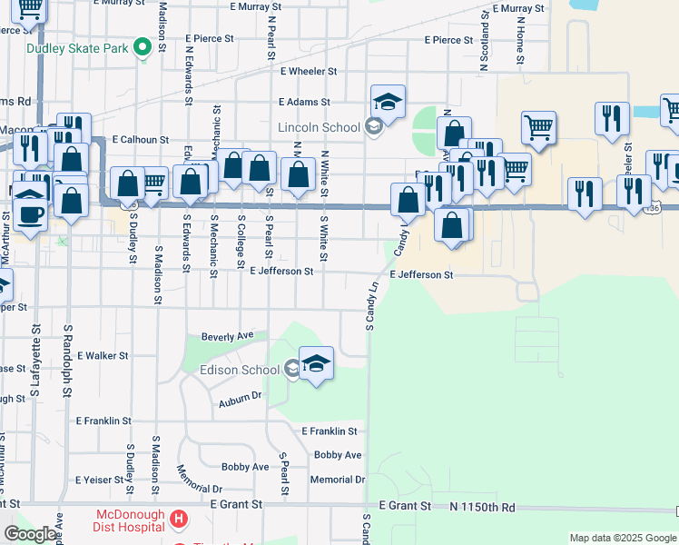 map of restaurants, bars, coffee shops, grocery stores, and more near 1115 East Jefferson Street in Macomb
