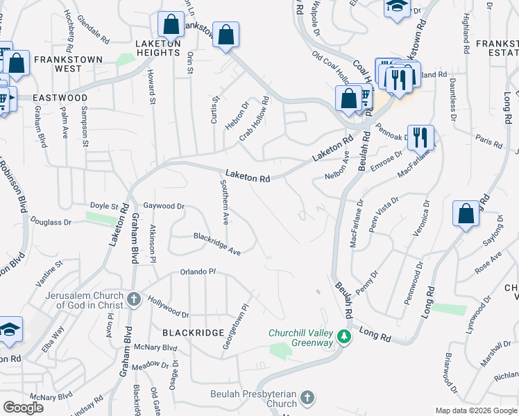 map of restaurants, bars, coffee shops, grocery stores, and more near 634 Churchill Avenue in Pittsburgh