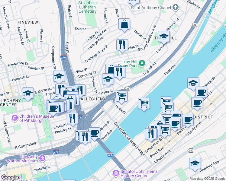 map of restaurants, bars, coffee shops, grocery stores, and more near 1018 Peralta Street in Pittsburgh