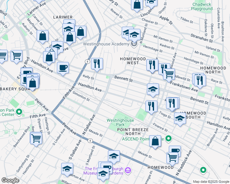 map of restaurants, bars, coffee shops, grocery stores, and more near 6927 1/2 Hamilton Avenue in Pittsburgh