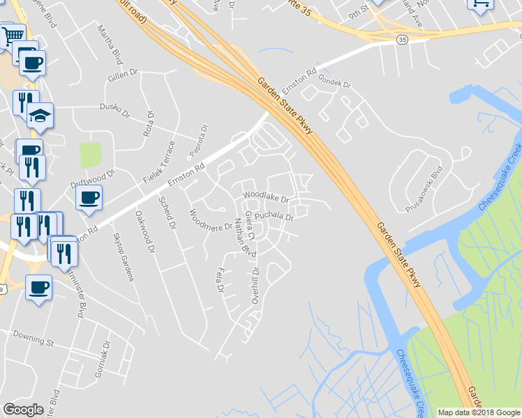 map of restaurants, bars, coffee shops, grocery stores, and more near 121 Giera Court in Sayreville