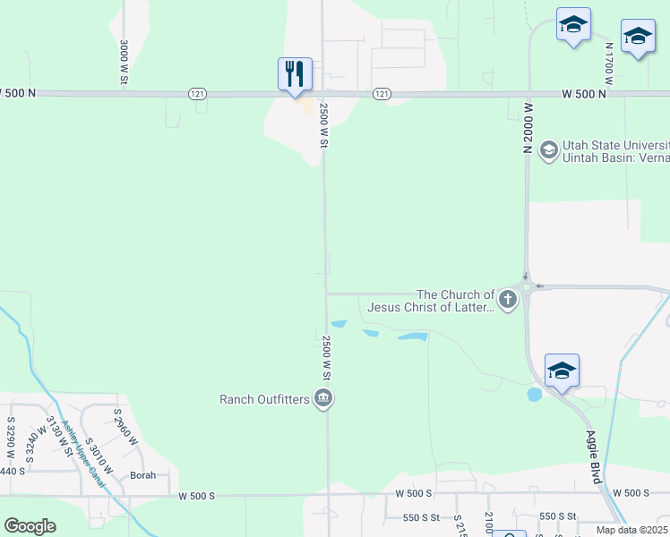 map of restaurants, bars, coffee shops, grocery stores, and more near 110 North 2500 West in Vernal
