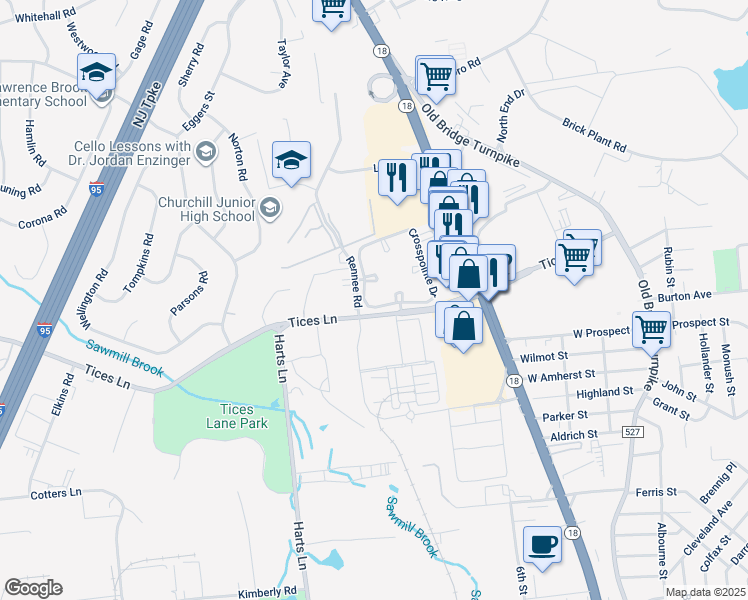 map of restaurants, bars, coffee shops, grocery stores, and more near 94 Longfield Court in East Brunswick