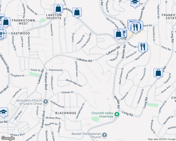map of restaurants, bars, coffee shops, grocery stores, and more near 634 Churchill Avenue in Pittsburgh