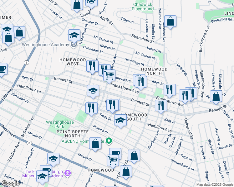map of restaurants, bars, coffee shops, grocery stores, and more near in Pittsburgh