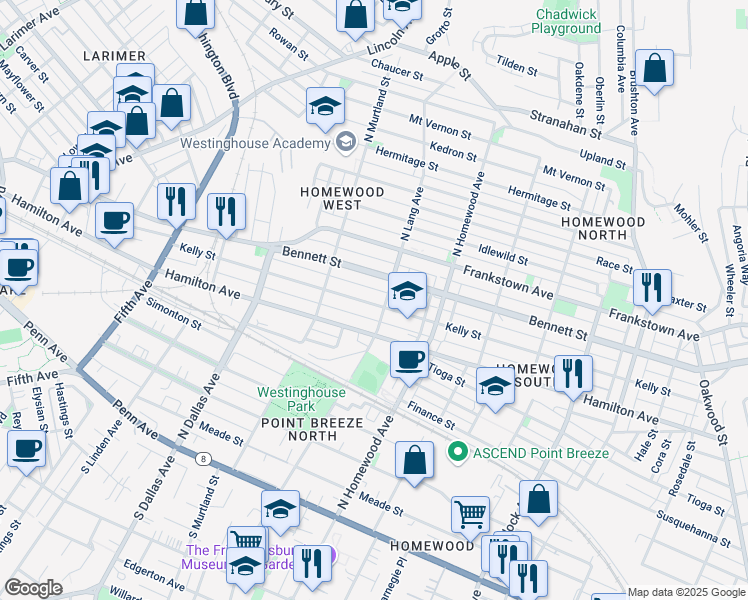 map of restaurants, bars, coffee shops, grocery stores, and more near 712 North Lang Avenue in Pittsburgh