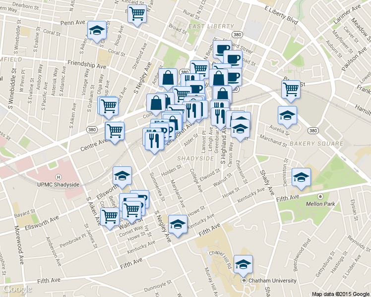 map of restaurants, bars, coffee shops, grocery stores, and more near in Pittsburgh