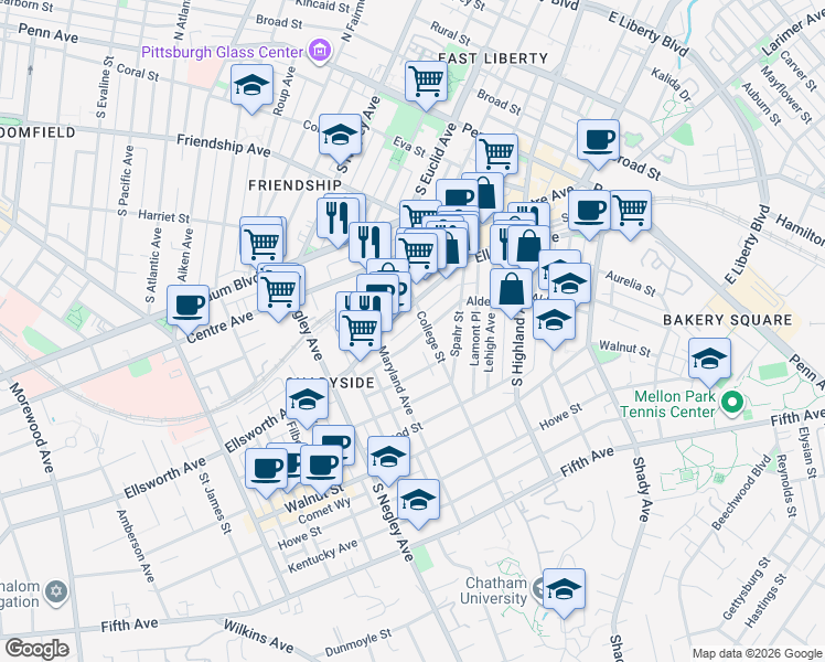 map of restaurants, bars, coffee shops, grocery stores, and more near in Pittsburgh