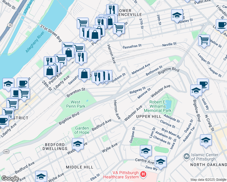 map of restaurants, bars, coffee shops, grocery stores, and more near 3116 Brereton Street in Pittsburgh
