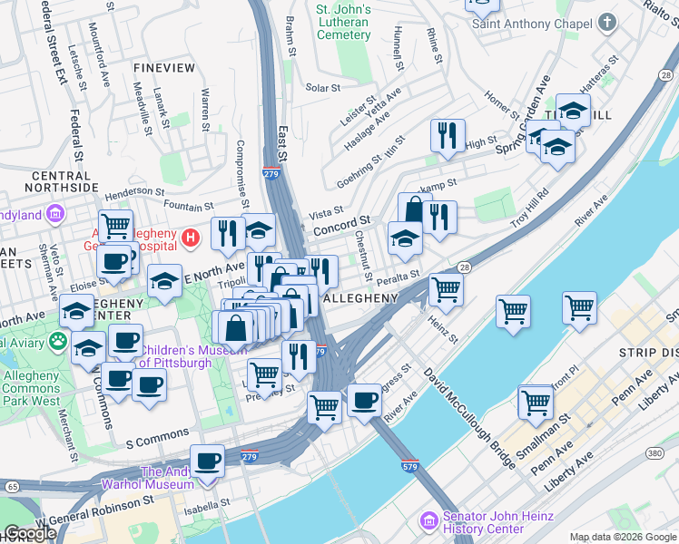 map of restaurants, bars, coffee shops, grocery stores, and more near 829 Tripoli Street in Pittsburgh