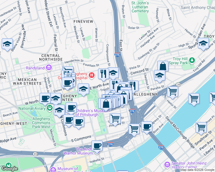 map of restaurants, bars, coffee shops, grocery stores, and more near 516 East North Avenue in Pittsburgh