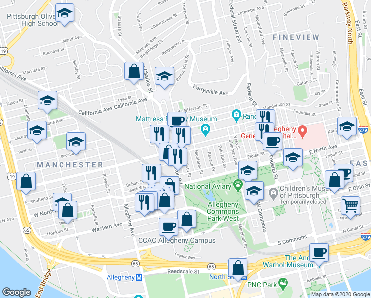 map of restaurants, bars, coffee shops, grocery stores, and more near 1403 Buena Vista Street in Pittsburgh