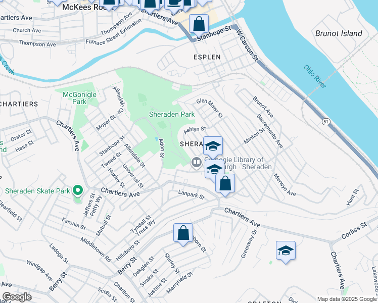 map of restaurants, bars, coffee shops, grocery stores, and more near 3114 Ashlyn Street in Pittsburgh