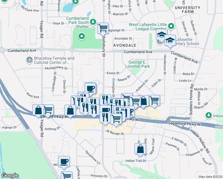 map of restaurants, bars, coffee shops, grocery stores, and more near 907 Barlow St in West Lafayette