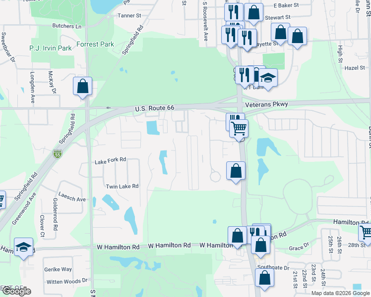 map of restaurants, bars, coffee shops, grocery stores, and more near 12 Kris Drive in Bloomington