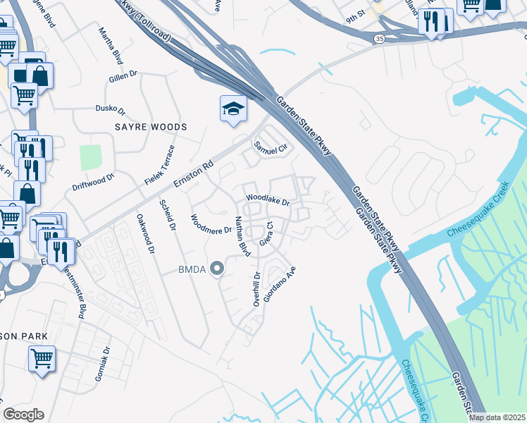 map of restaurants, bars, coffee shops, grocery stores, and more near 123 Giera Court in Sayreville