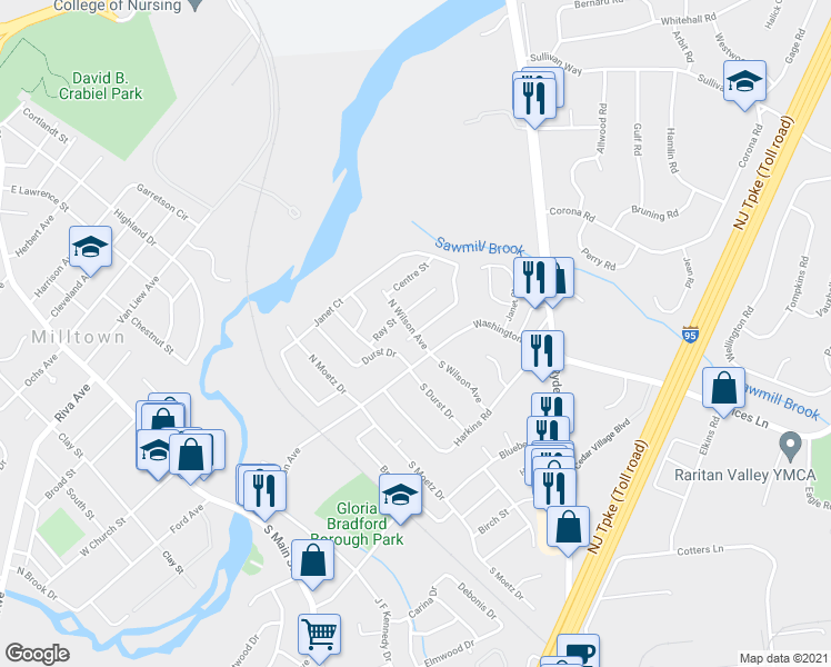 map of restaurants, bars, coffee shops, grocery stores, and more near 3 Howard Street in Milltown