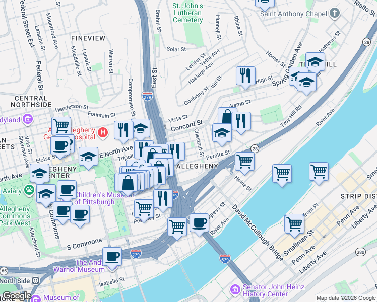 map of restaurants, bars, coffee shops, grocery stores, and more near 825 Tripoli Street in Pittsburgh