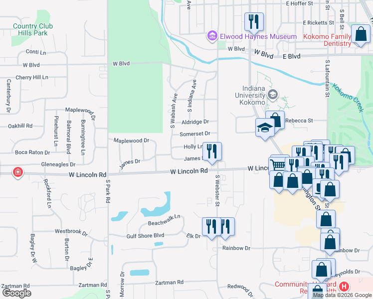 map of restaurants, bars, coffee shops, grocery stores, and more near 609 Holly Lane in Kokomo