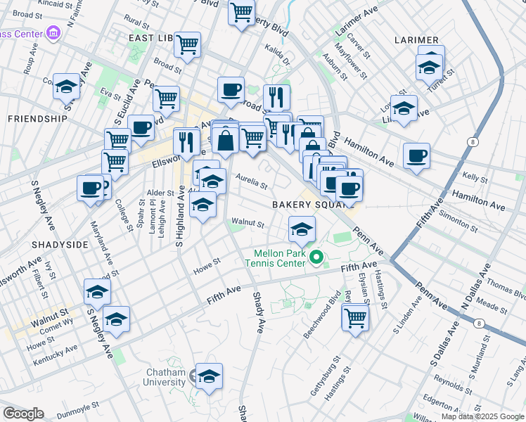 map of restaurants, bars, coffee shops, grocery stores, and more near 6348 Marchand Street in Pittsburgh