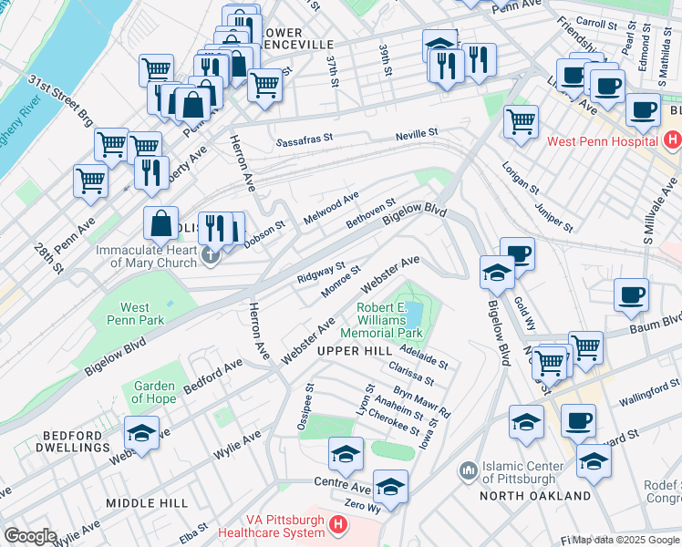 map of restaurants, bars, coffee shops, grocery stores, and more near 3396 Ridgway Street in Pittsburgh