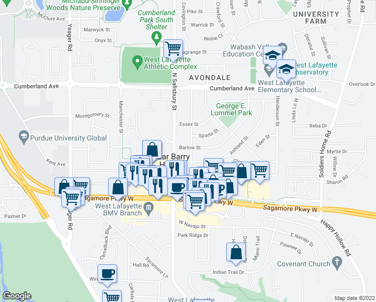 map of restaurants, bars, coffee shops, grocery stores, and more near 907 Barlow St in West Lafayette