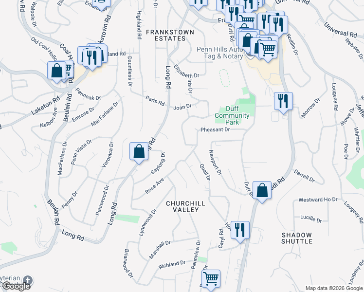 map of restaurants, bars, coffee shops, grocery stores, and more near 12124 Joan Drive in Pittsburgh