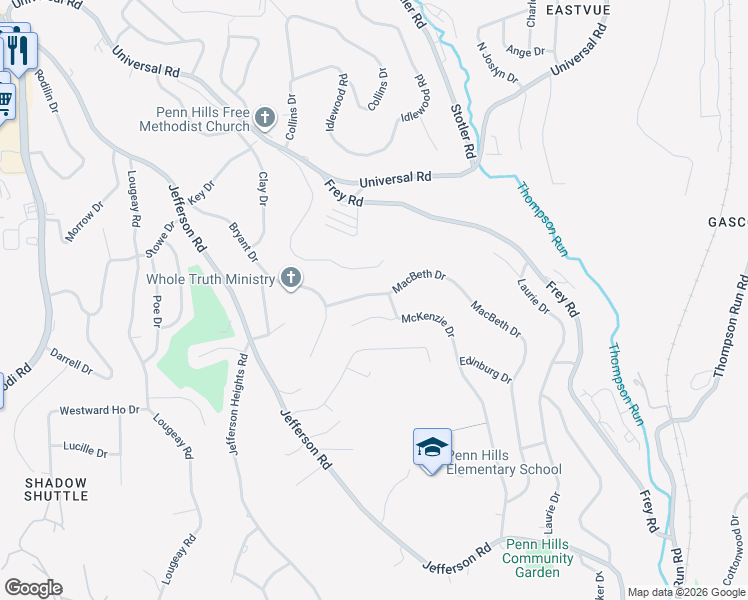 map of restaurants, bars, coffee shops, grocery stores, and more near 807 Macbeth Drive in Pittsburgh
