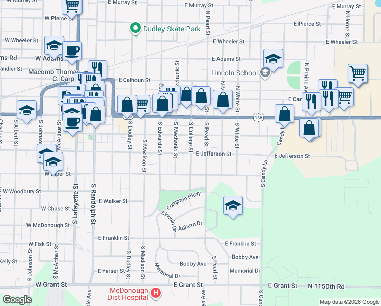 map of restaurants, bars, coffee shops, grocery stores, and more near 298 South College Street in Macomb