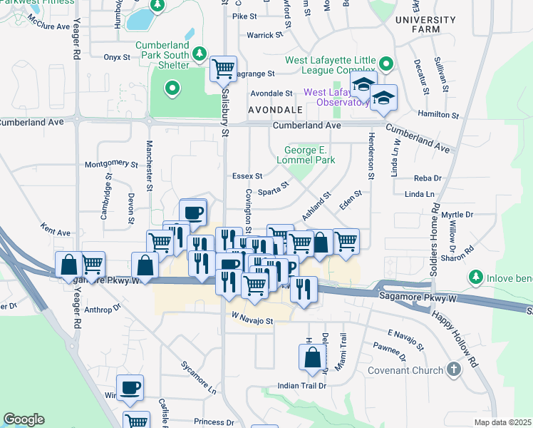 map of restaurants, bars, coffee shops, grocery stores, and more near 855 Barlow Street in West Lafayette