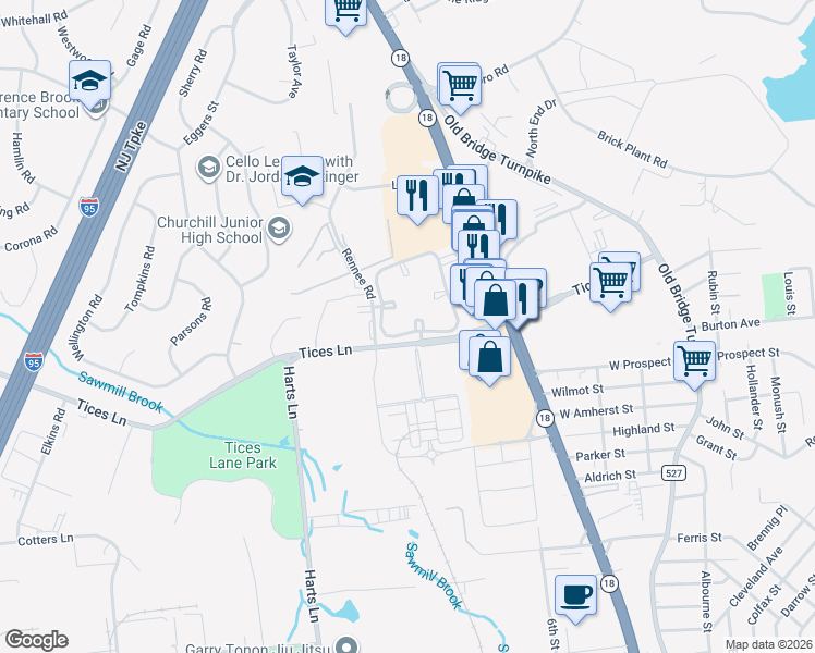 map of restaurants, bars, coffee shops, grocery stores, and more near 23 Lear Court in East Brunswick