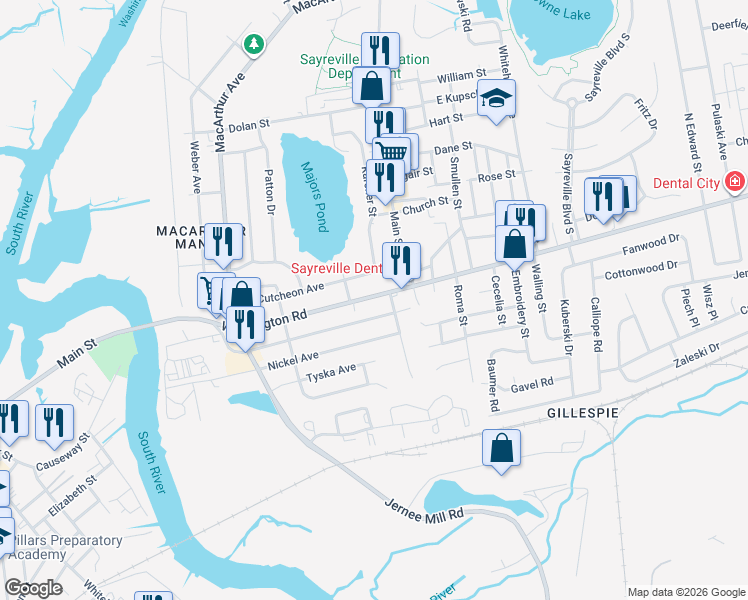 map of restaurants, bars, coffee shops, grocery stores, and more near 144 Washington Road in Sayreville