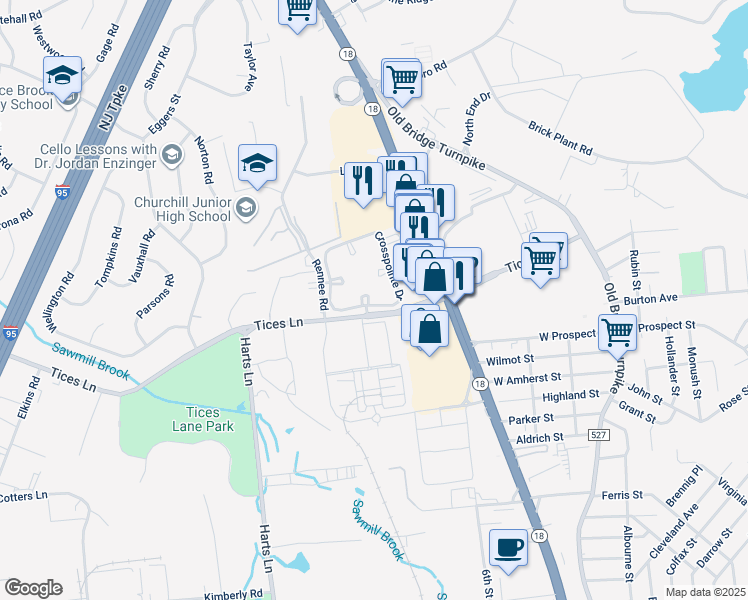 map of restaurants, bars, coffee shops, grocery stores, and more near 1 Lear Court in East Brunswick