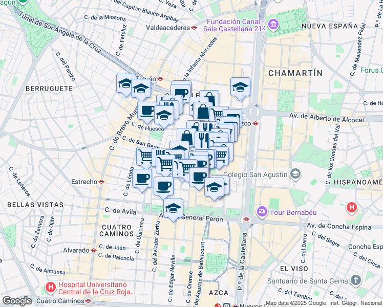 map of restaurants, bars, coffee shops, grocery stores, and more near in Madrid