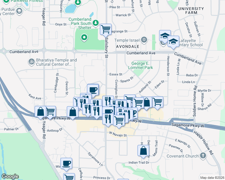 map of restaurants, bars, coffee shops, grocery stores, and more near 907 Barlow Street in West Lafayette