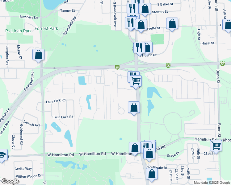 map of restaurants, bars, coffee shops, grocery stores, and more near 1915 Tracy Drive in Bloomington
