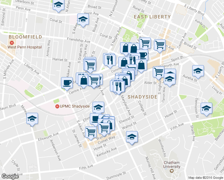 map of restaurants, bars, coffee shops, grocery stores, and more near 5740 Pierce Street in Pittsburgh