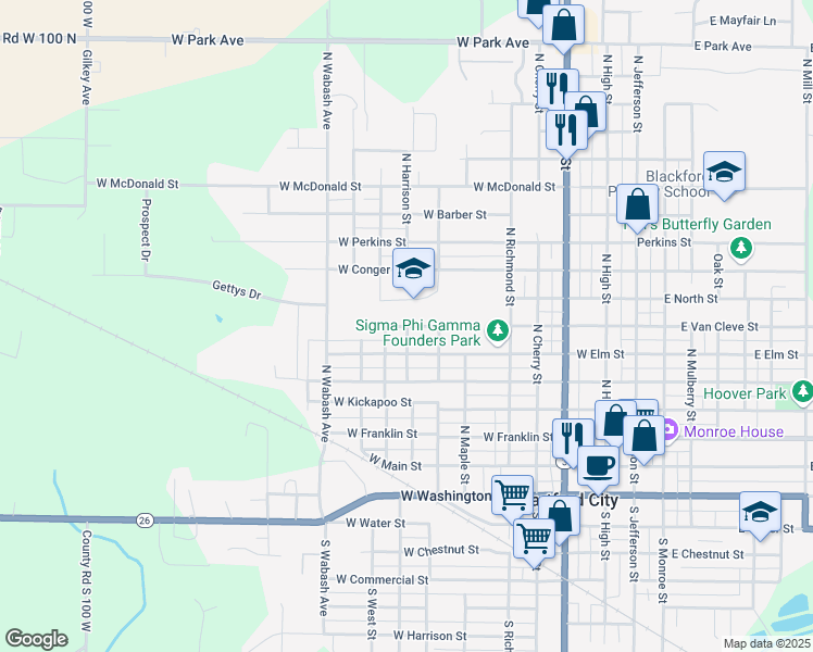 map of restaurants, bars, coffee shops, grocery stores, and more near 800 West Van Cleve Street in Hartford City