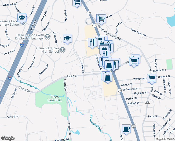 map of restaurants, bars, coffee shops, grocery stores, and more near 94 Longfield Court in East Brunswick