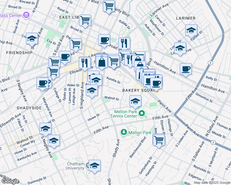 map of restaurants, bars, coffee shops, grocery stores, and more near 6350 Marchand Street in Pittsburgh