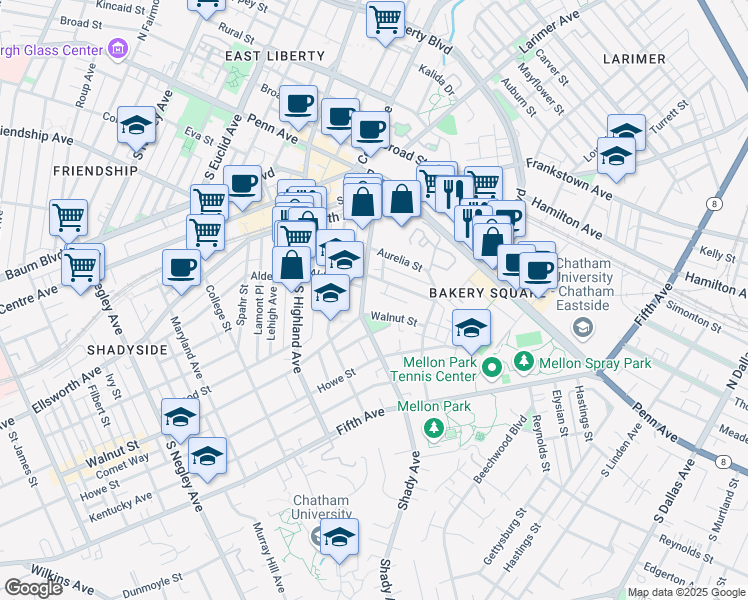 map of restaurants, bars, coffee shops, grocery stores, and more near 6322 Marchand Street in Pittsburgh