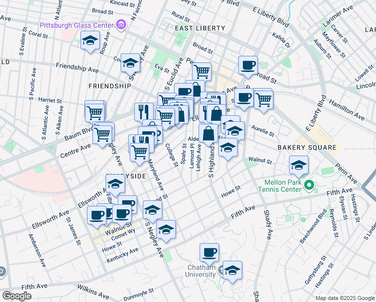 map of restaurants, bars, coffee shops, grocery stores, and more near 321 Spahr Street in Pittsburgh