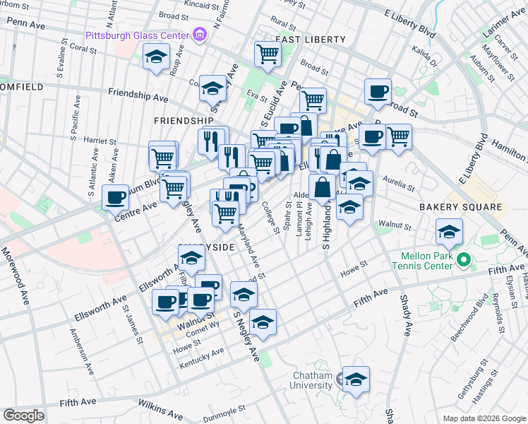 map of restaurants, bars, coffee shops, grocery stores, and more near in Pittsburgh