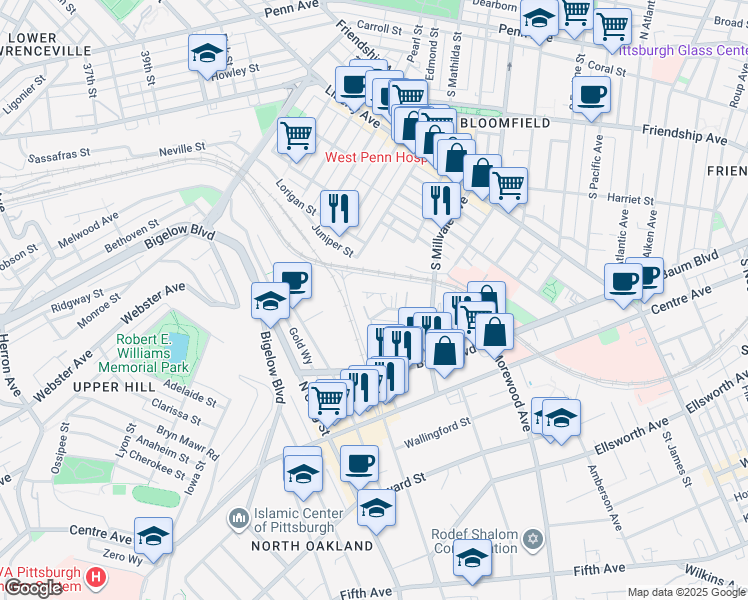 map of restaurants, bars, coffee shops, grocery stores, and more near 18 Hemingway Street in Pittsburgh