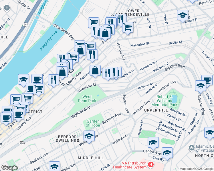 map of restaurants, bars, coffee shops, grocery stores, and more near 3058 Brereton Street in Pittsburgh