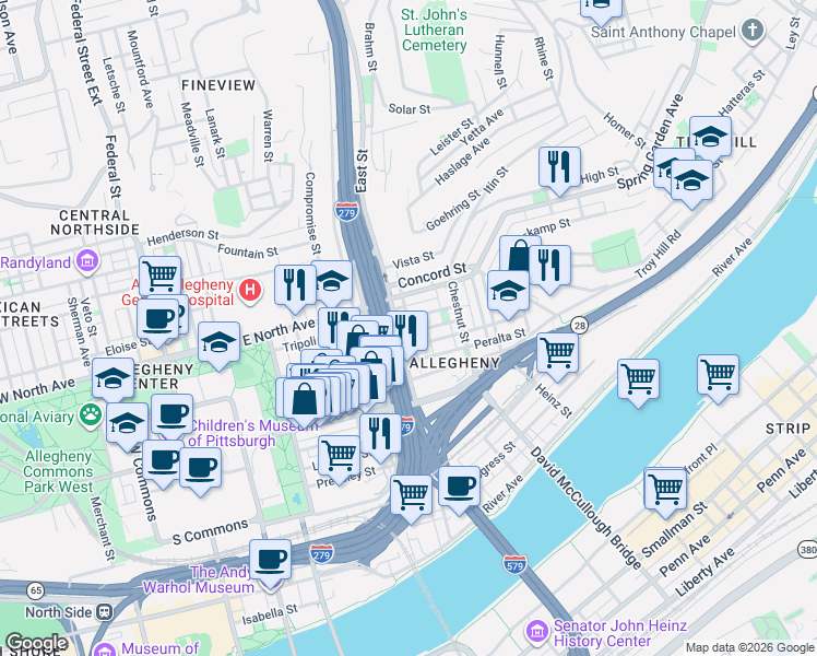 map of restaurants, bars, coffee shops, grocery stores, and more near 825 Tripoli Street in Pittsburgh